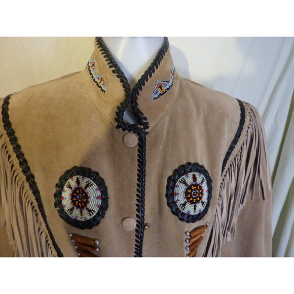 VTG 70-80's Tan Leather Short Jacket Bone Beaded-Fringe-Western-Snaps-Women-L - Picture 2 of 6